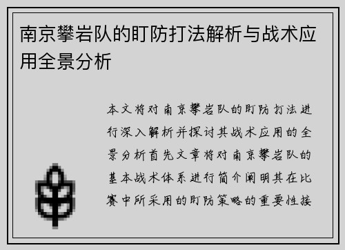 南京攀岩队的盯防打法解析与战术应用全景分析
